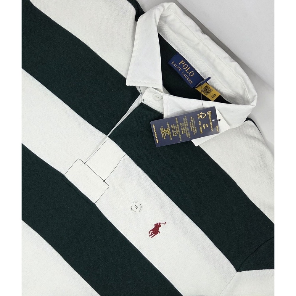 NEW Polo Ralph Lauren Green & White Striped Rugby Fleece Sweatshirt Mens XXL NWT